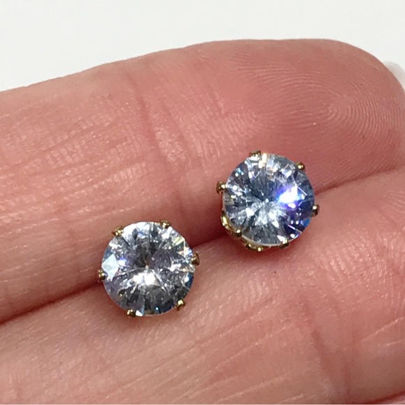 Vintage C&L 7mm Round Cut Prong Set CZ Stud Post Earrings Gold Tone Stainless - Picture 1 of 16